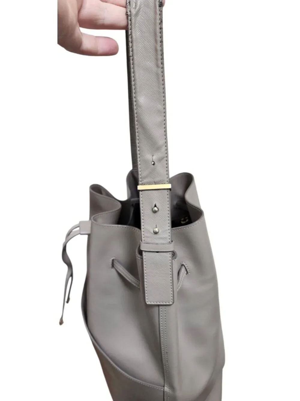 Cuyana Gray Saffiano Leather Bucket Bag Drawstring Shoulder Tote